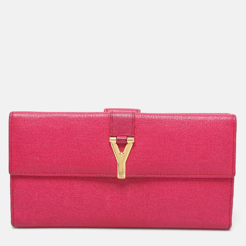 keychains with stylish texture-Yves Saint Laurent Pink Leather Ligne Y Flap Wallet