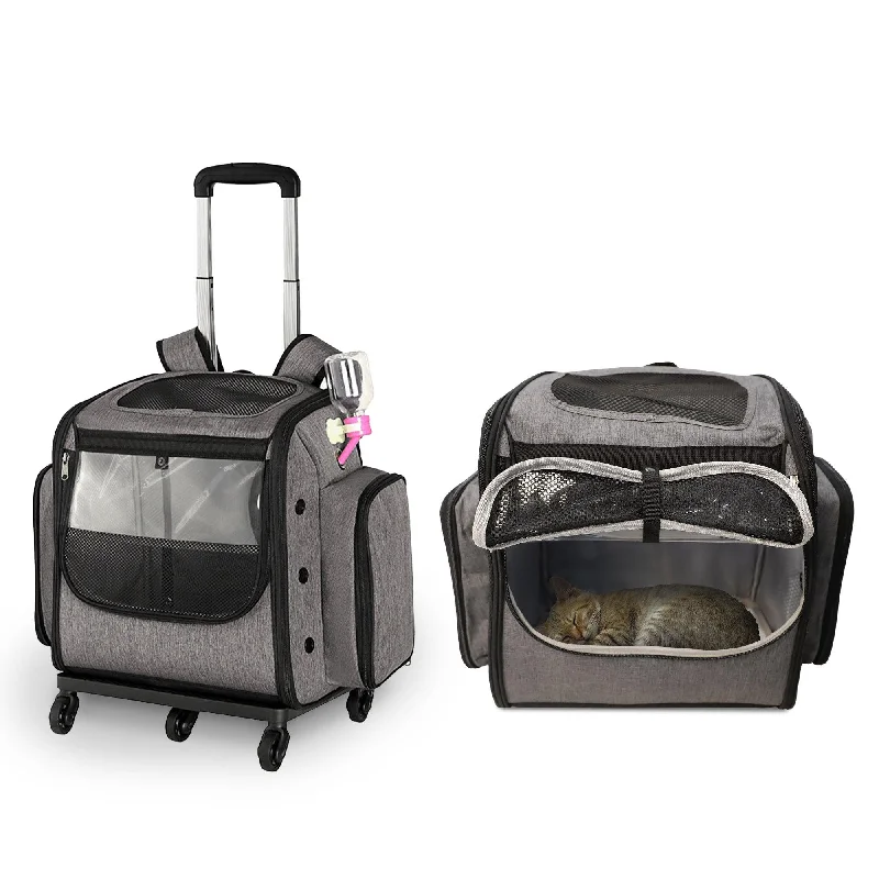 Backpacks with travel locks-Pet Backpack with Wheels Dog Cat Travel Carrier Bag with Telescopic Handle, Gray