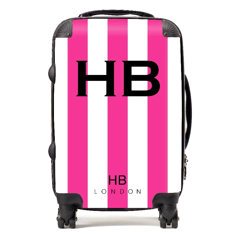 suitcase for short journeys-Personalised Hot Pink and White Stripe with Black Font Initial Suitcase