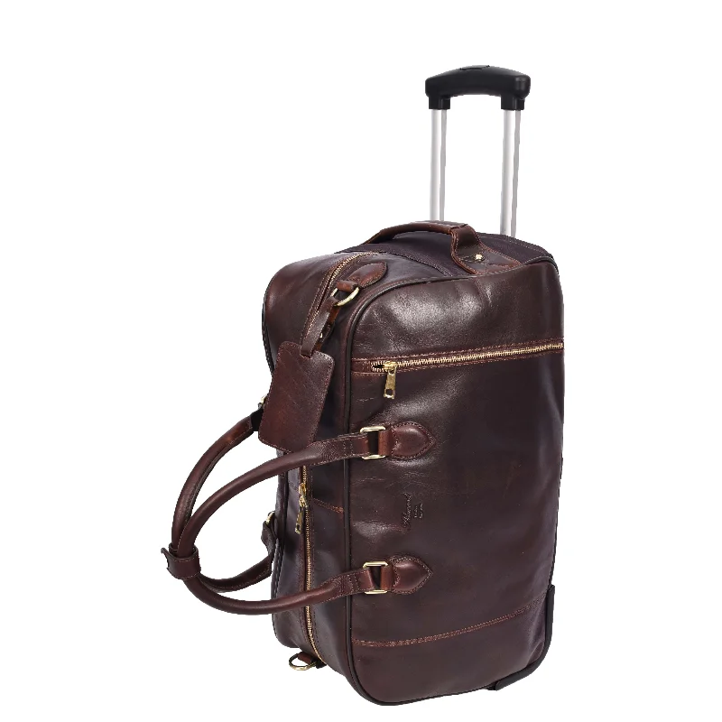 Duffel Bag with zipper lock-Genuine Leather Wheeled Holdall Duffel Weekend Overnight Bag Whitby Brown