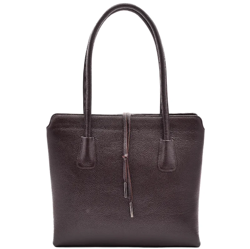 Tote Bag for parties-Leather Classic Tote Style Zip Opening Large Shoulder Bag CYNTHIA Brown