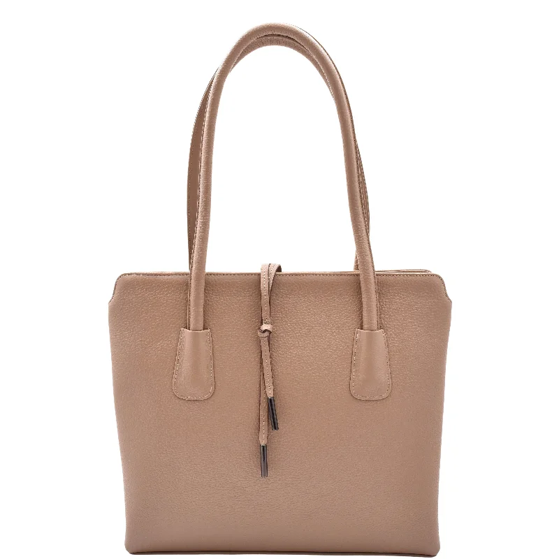 Tote Bag for gardening-Leather Classic Tote Style Zip Opening Large Shoulder Bag CYNTHIA Taupe