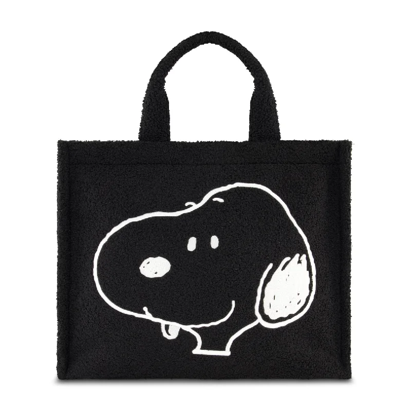 Tote Bag with studs-Peanuts Snoopy Black Sherpa Tote Bag with Trolley Strap