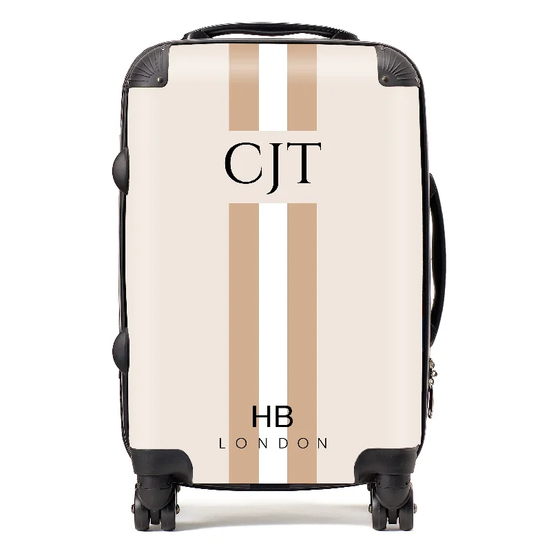 suitcase for weekend trips-Personalised Beige, White and Nude Stripe with Black Font Initial Suitcase