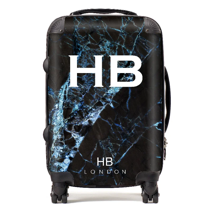 suitcase with extra pockets-Personalised Black and Blue Cracked Marble Initial Suitcase