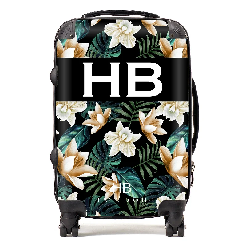 suitcase with sleek style-Personalised Black and Nude Tropical Flowers with White Font Initial Suitcase