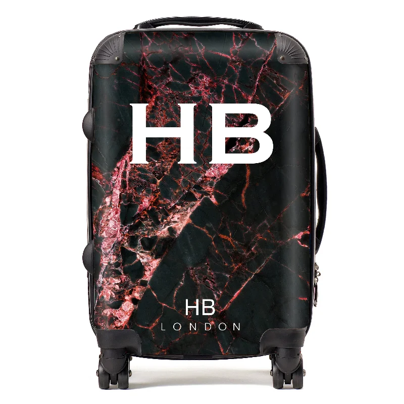 suitcase with foldable parts-Personalised Black and Red Cracked Marble Initial Suitcase