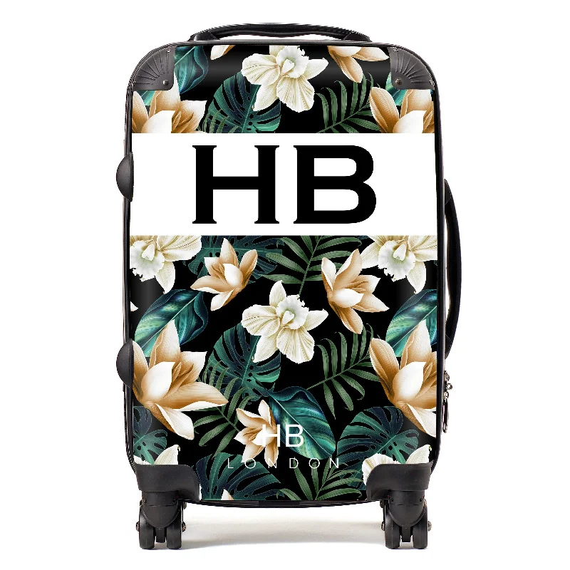 suitcase for light travel-Personalised Black and Nude Tropical Flowers with Black Font Initial Suitcase