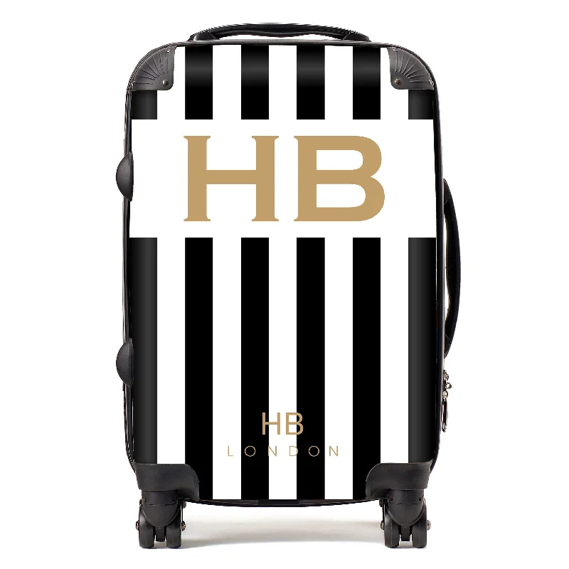 suitcase with sleek build-Personalised Black and White Stripe with Gold Font Initial Suitcase