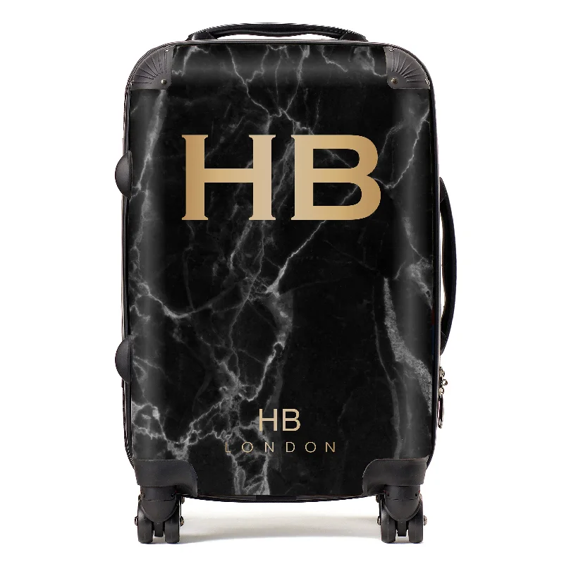 suitcase for photographers-Personalised Black Marble with Gold Font Initial Suitcase