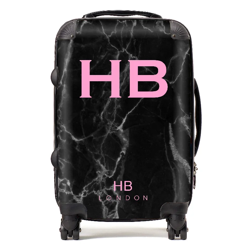 suitcase for professionals-Personalised Black Marble with Pink Font Initial Suitcase