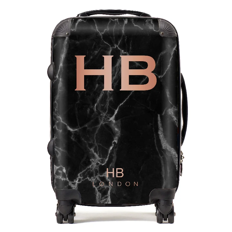 suitcase for beach trips-Personalised Black Marble with Rose Gold Font Initial Suitcase