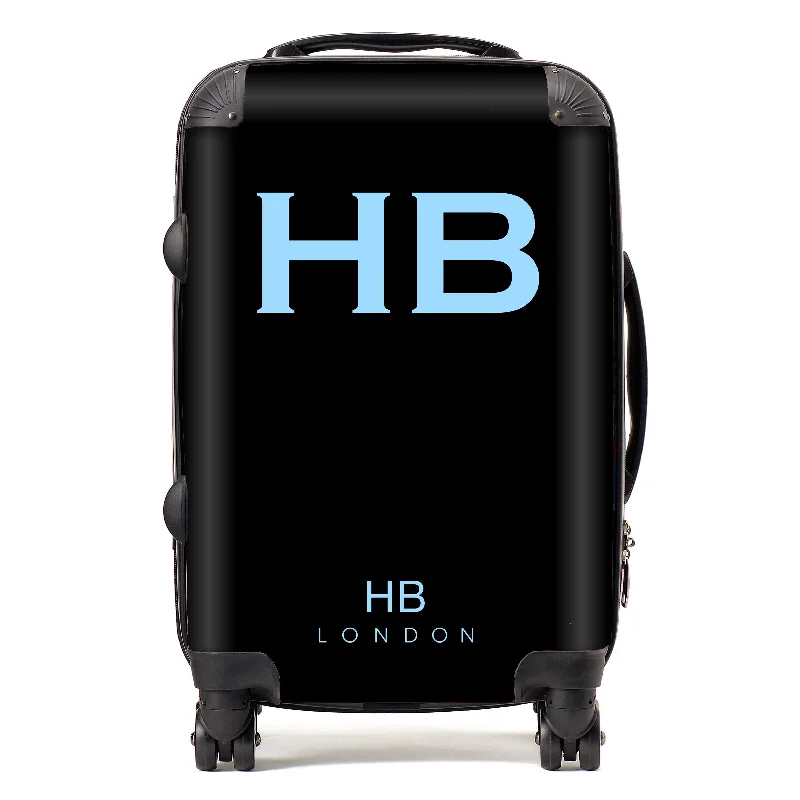 suitcase for winter travel-Personalised Black with Blue Font Initial Suitcase