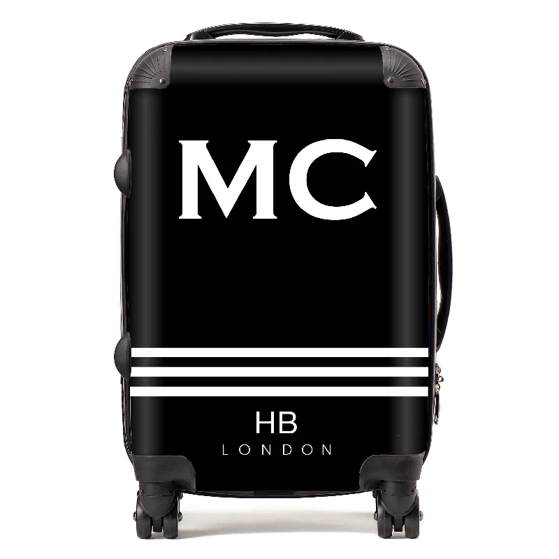 suitcase with light frame-Personalised Black with White Stripes and White Font Initial Suitcase