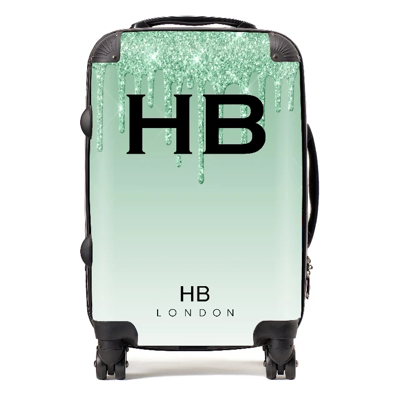 suitcase for fast getaways-Personalised Green Drip Glitter Effect with Black Font Initial Suitcase