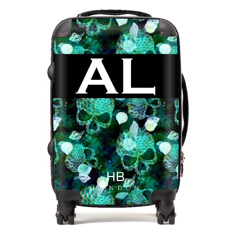 suitcase with travel gear-Personalised Green Mermaid Skull Initial Suitcase