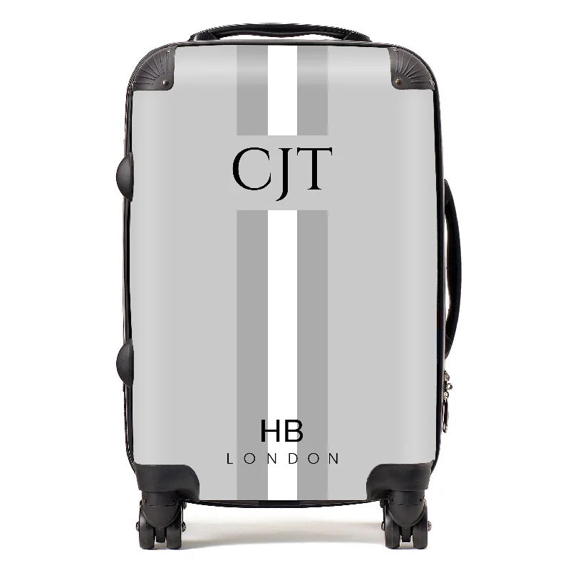 suitcase with soft lining-Personalised Grey, White and Grey Stripe with Black Font Initial Suitcase