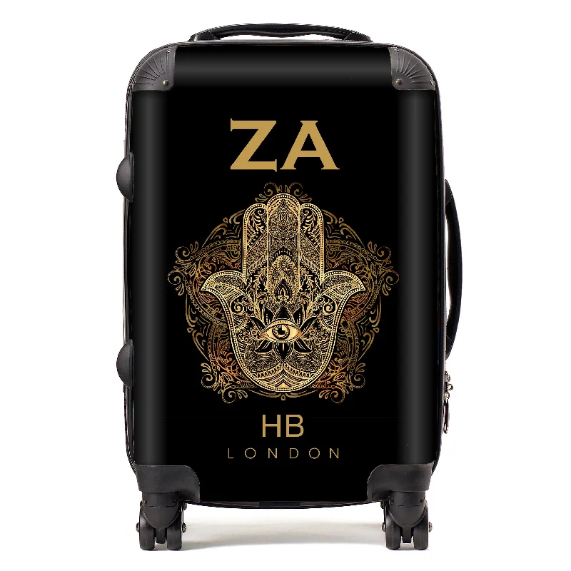 suitcase for long flights-Personalised Hand of Hamza with Gold Font Initial Suitcase