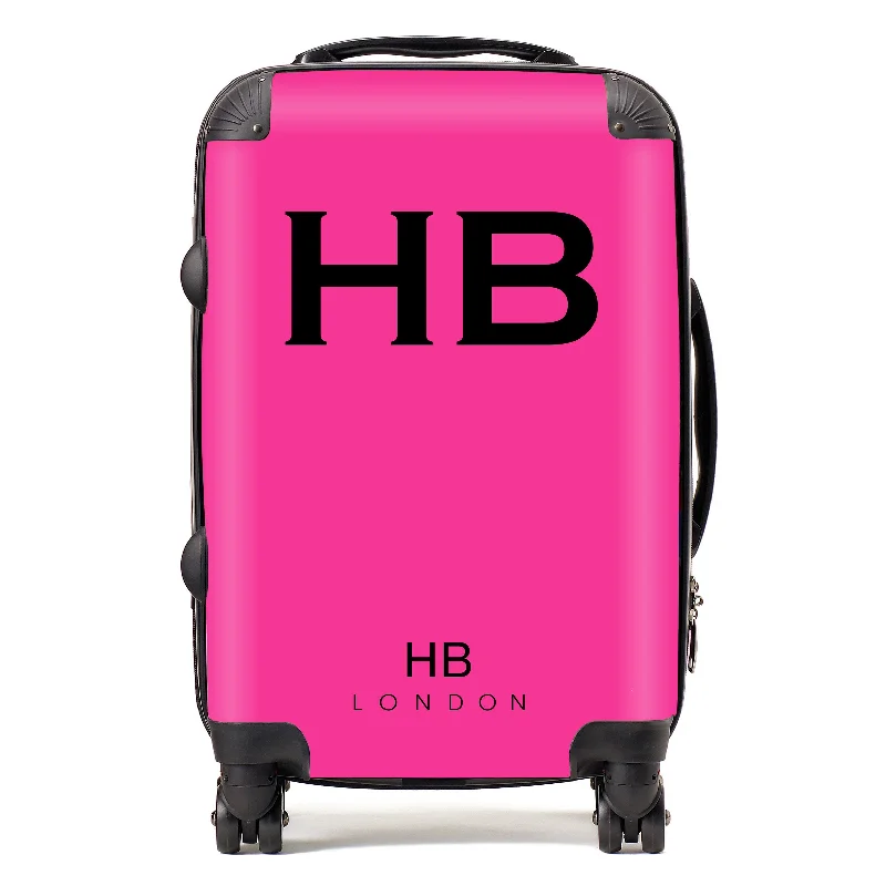 suitcase with straps-Personalised Hot Pink with Black Font Initial Suitcase