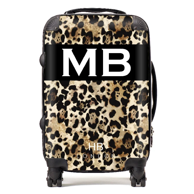 suitcase for modern trips-Personalised Leopard Print with White Font Initial Suitcase