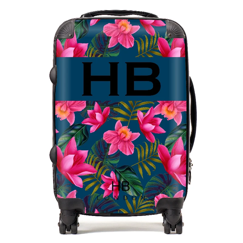 suitcase for frequent trips-Personalised Navy Blue and Bright Pink Tropical Flowers with Black Font Initial Suitcase