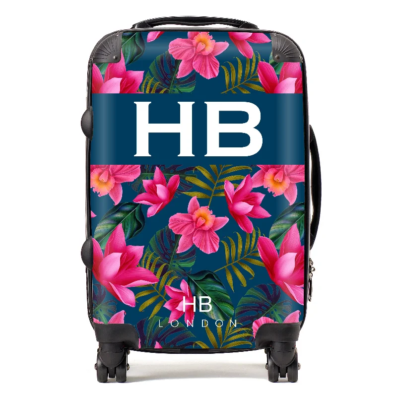 suitcase for modern trips-Personalised Navy Blue and Bright Pink Tropical Flowers with White Font Initial Suitcase