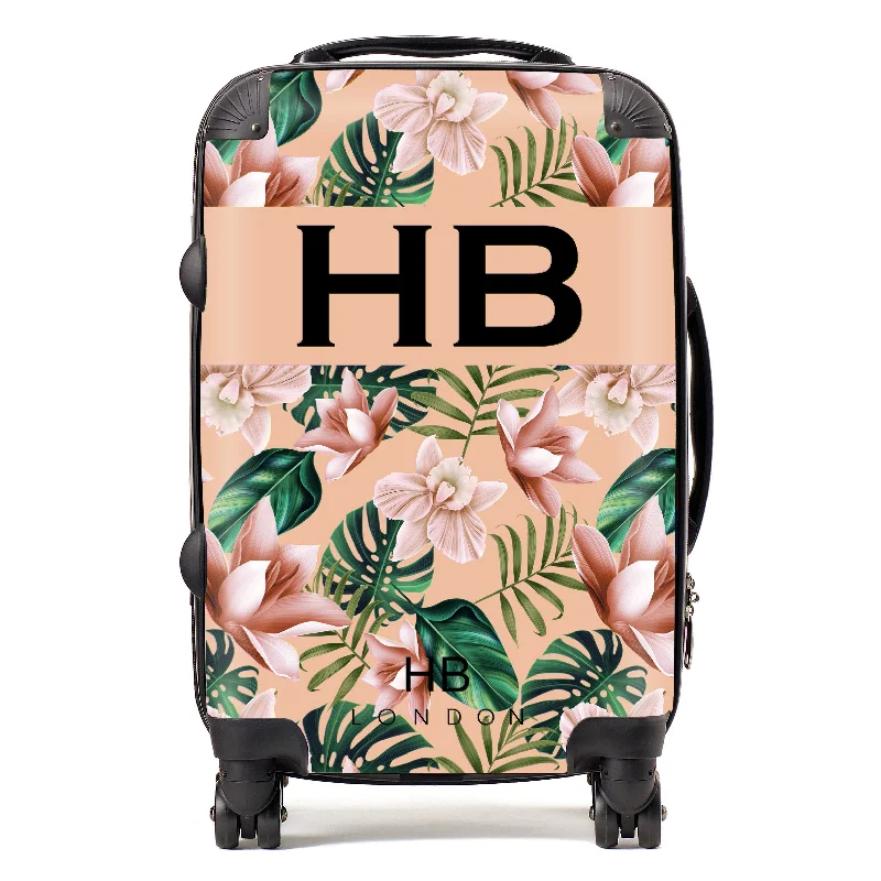 suitcase for quick trips-Personalised Peach Tropical Flowers with Black Font Initial Suitcase