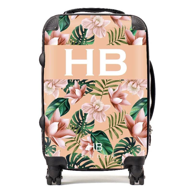 suitcase with bold patterns-Personalised Peach Tropical Flowers with White Font Initial Suitcase