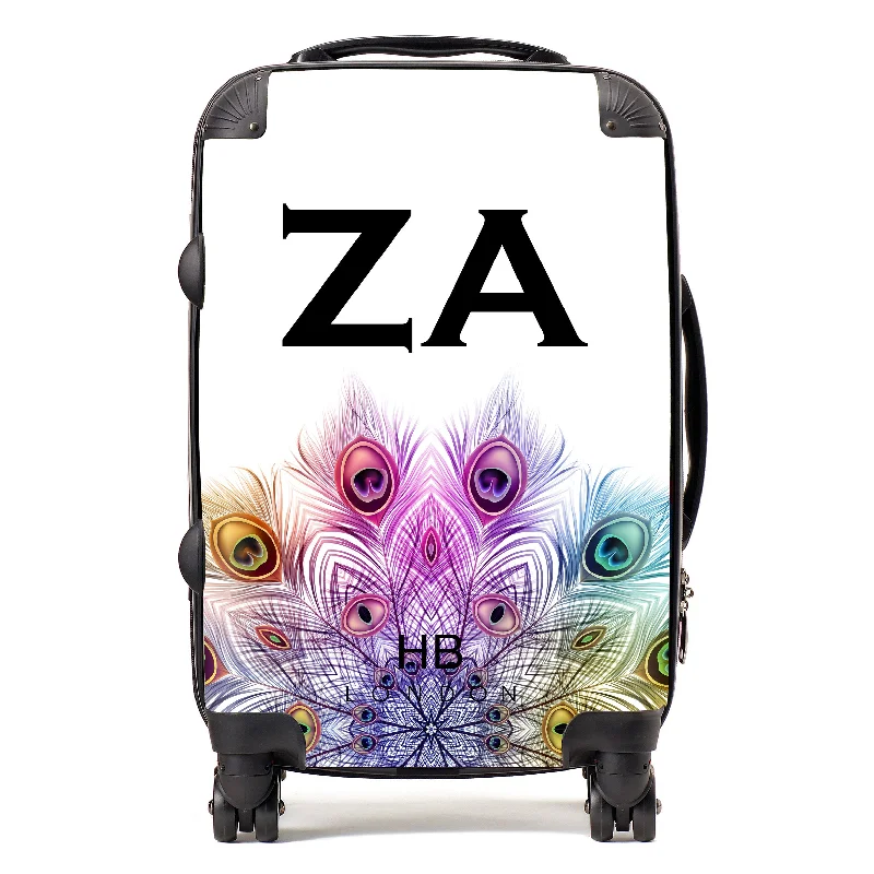 suitcase with strong zippers-Personalised Peacock Mandala with Black Font Initial Suitcase