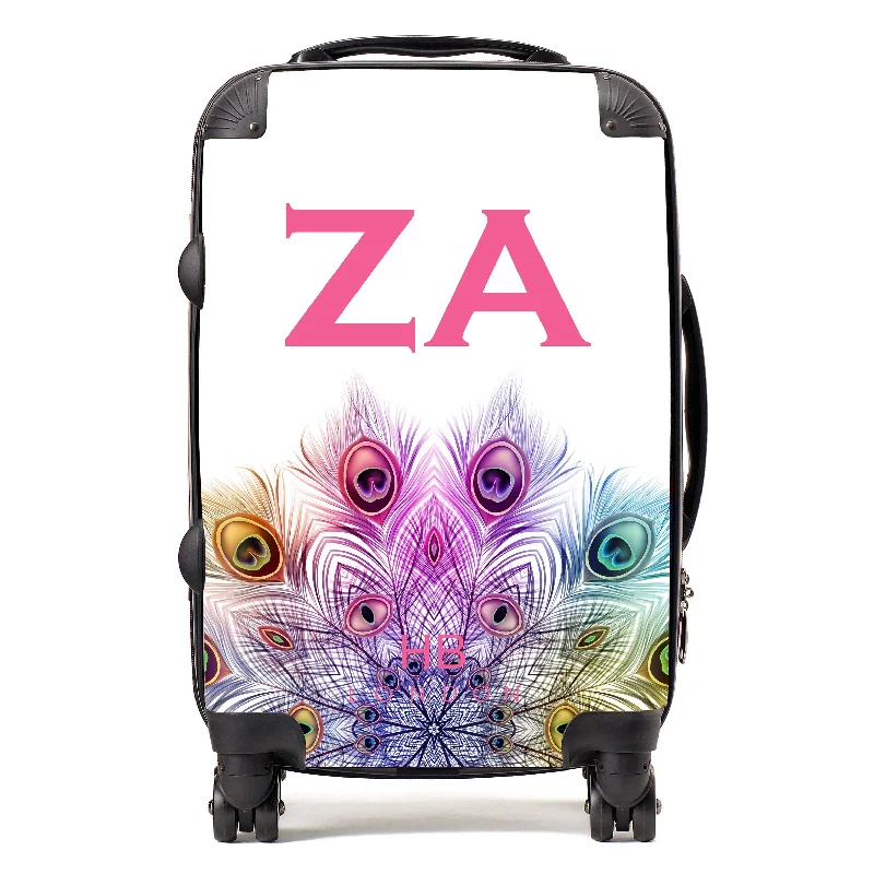 suitcase with unique design-Personalised Peacock Mandala with Pink Font Initial Suitcase