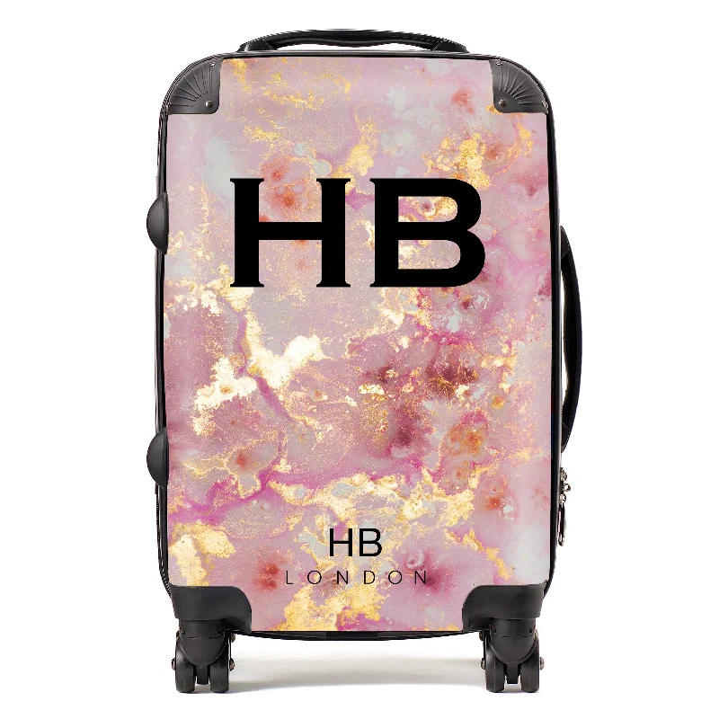 suitcase trendy designs-Personalised Pink and Gold Marble with Black Font Initial Suitcase