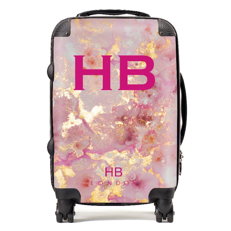 suitcase for fragile goods-Personalised Pink and Gold Marble with Pink Font Initial Suitcase