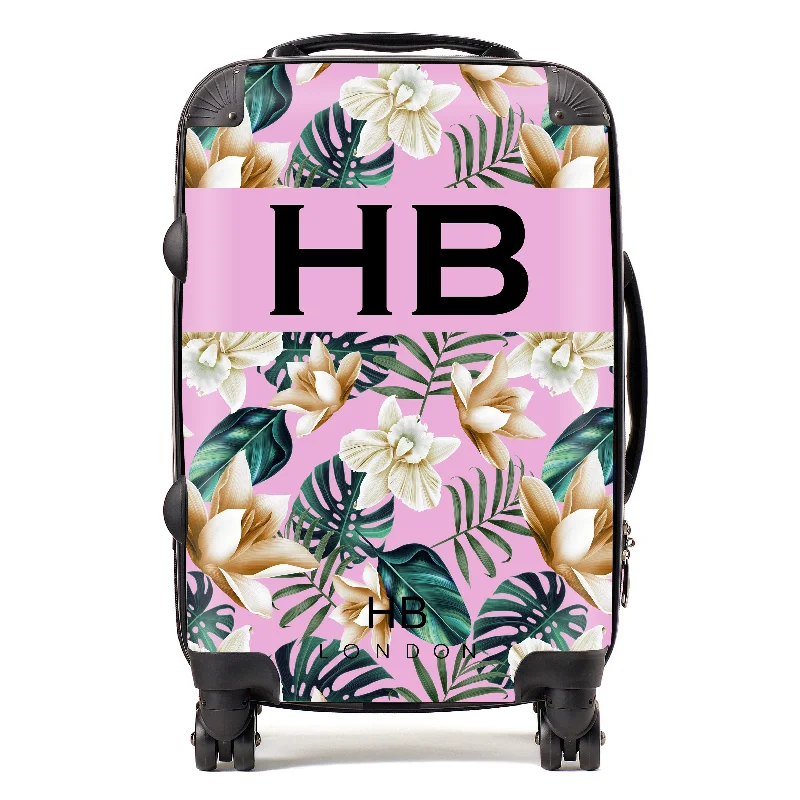 suitcase for short stays-Personalised Pink and Nude Tropical Flowers with Black Font Initial Suitcase