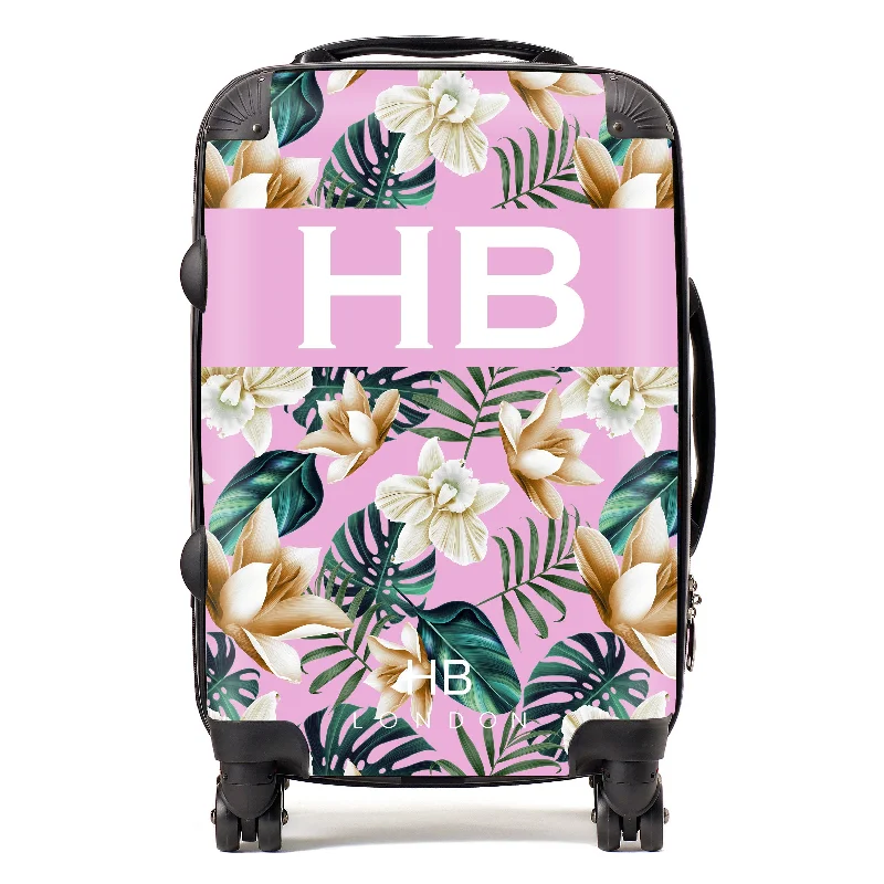 suitcase for city travel-Personalised Pink and Nude Tropical Flowers with White Font Initial Suitcase