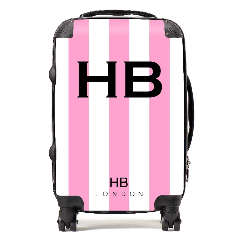 suitcase with travel locks-Personalised Pink and White Stripe with Black Font Initial Suitcase