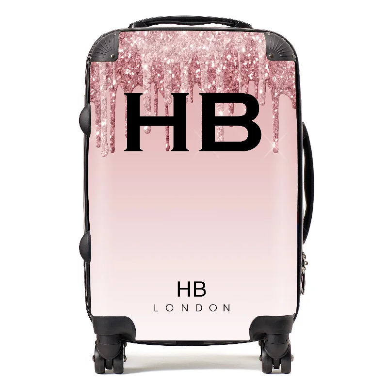 suitcase with travel scale-Personalised Pink Drip Glitter Effect with Black Font Initial Suitcase