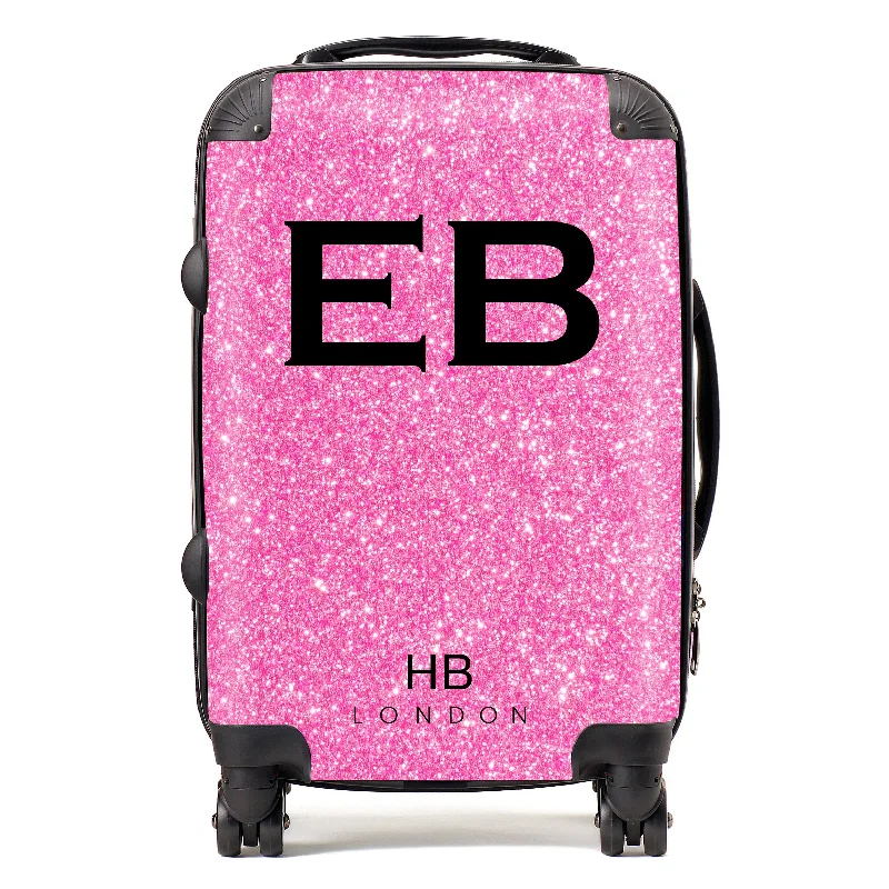 suitcase with travel straps-Personalised Pink Glitter Effect with Black Font Initial Suitcase