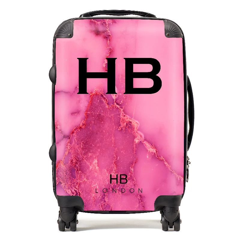 suitcase with extra space-Personalised Pink Natural Marble with Black Font Initial Suitcase