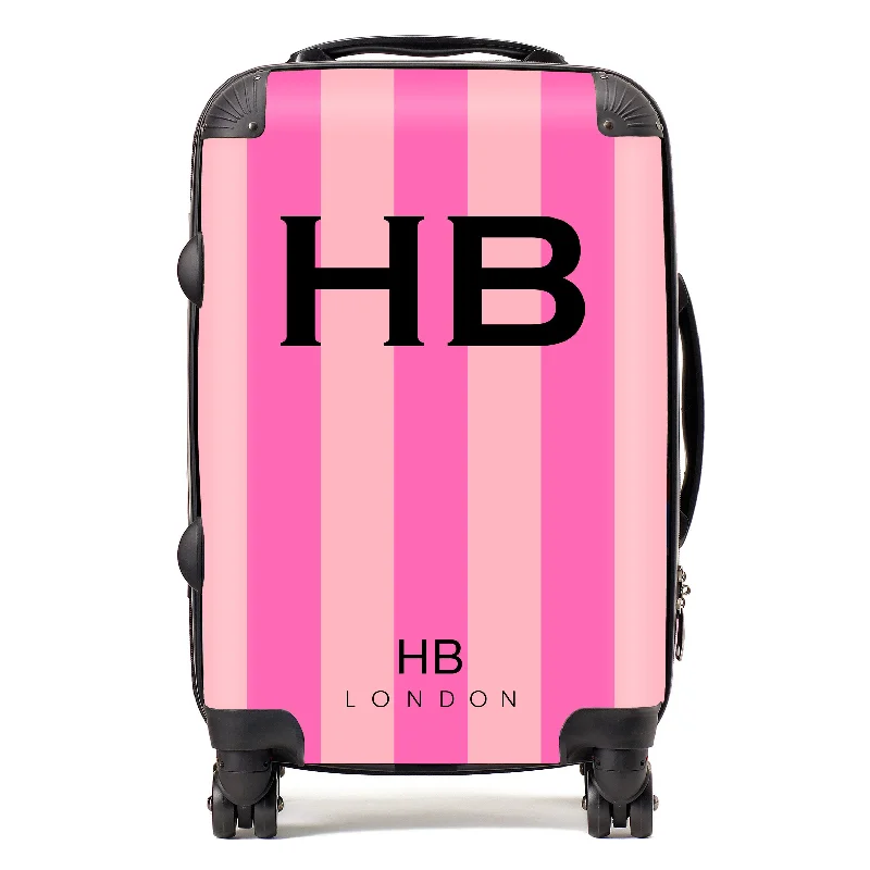 suitcase for light loads-Personalised Pink Stripe with Black Font Initial Suitcase