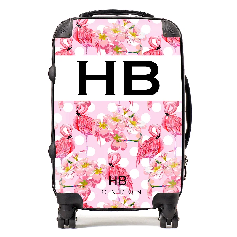 suitcase for urban trips-Personalised Polka Dot Flamingo Print Initial Suitcase