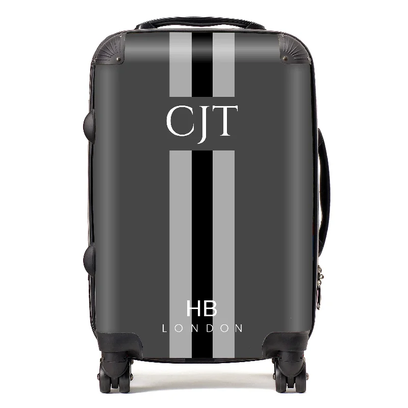 suitcase for minimalist travel-Personalised Slate, Black and Grey Stripe with White Font Initial Suitcase