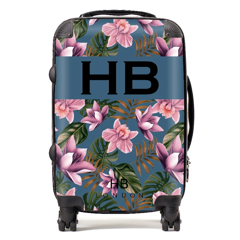 suitcase for outdoor fun-Personalised Teal and Mauve Tropical Flowers with Black Font Initial Suitcase