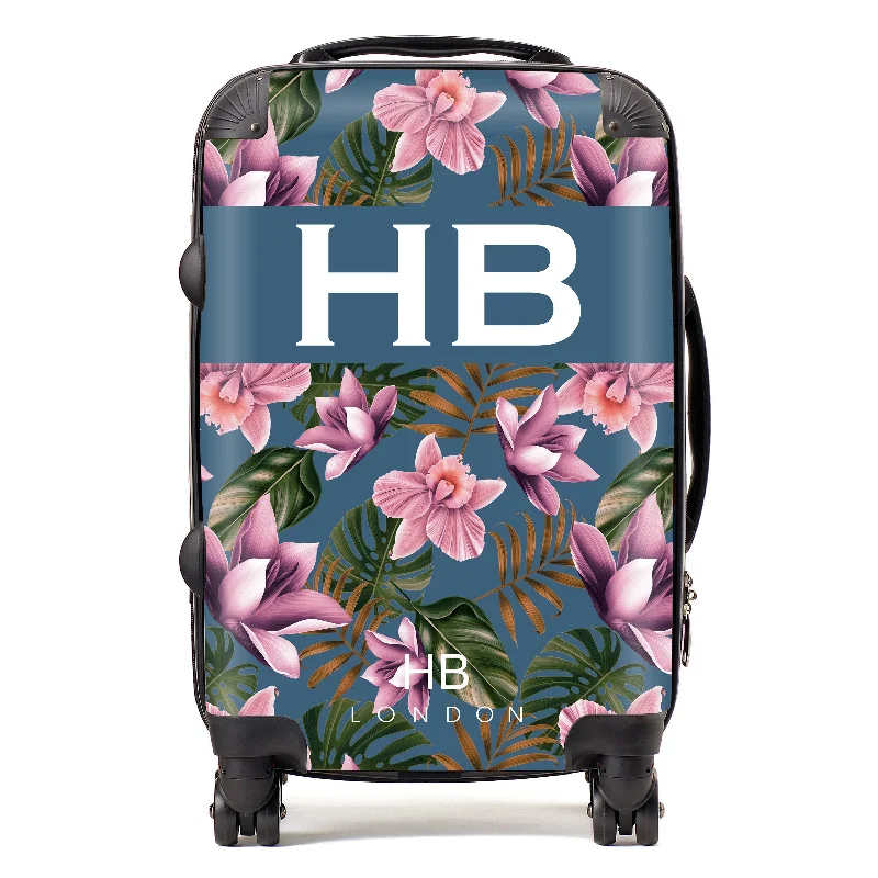 suitcase for tiny spaces-Personalised Teal and Mauve Tropical Flowers with White Font Initial Suitcase