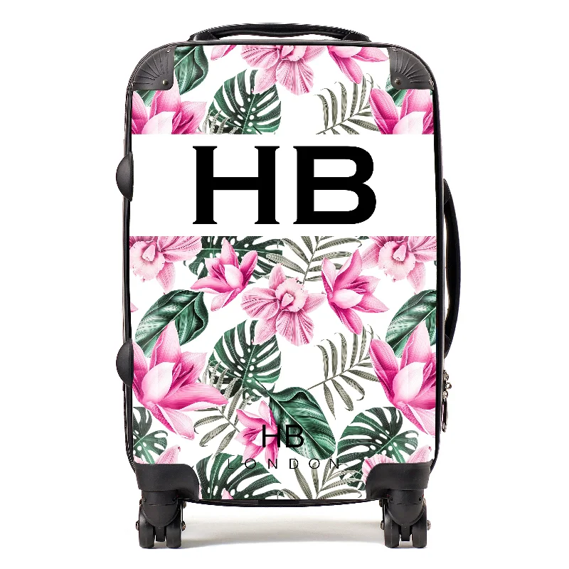 suitcase for small luggage-Personalised White and Pink Tropical Flowers with Black Font Initial Suitcase