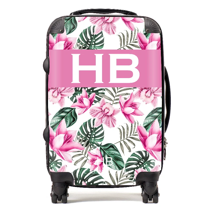 suitcase with soft fabric-Personalised White and Pink Tropical Flowers with White Font Initial Suitcase