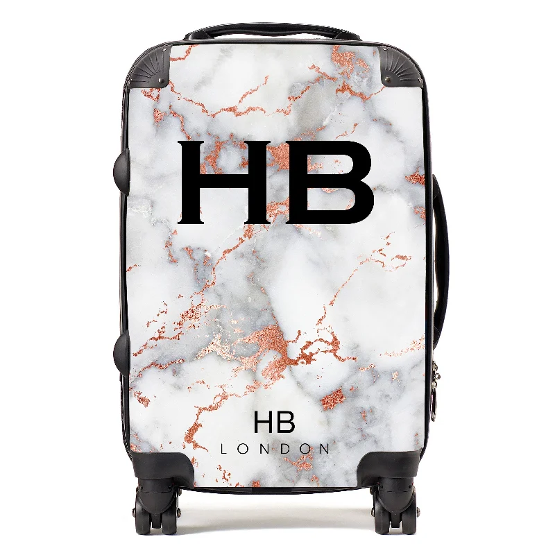 suitcase high capacity-Personalised White and Rose Gold Foil Marble Initial Suitcase