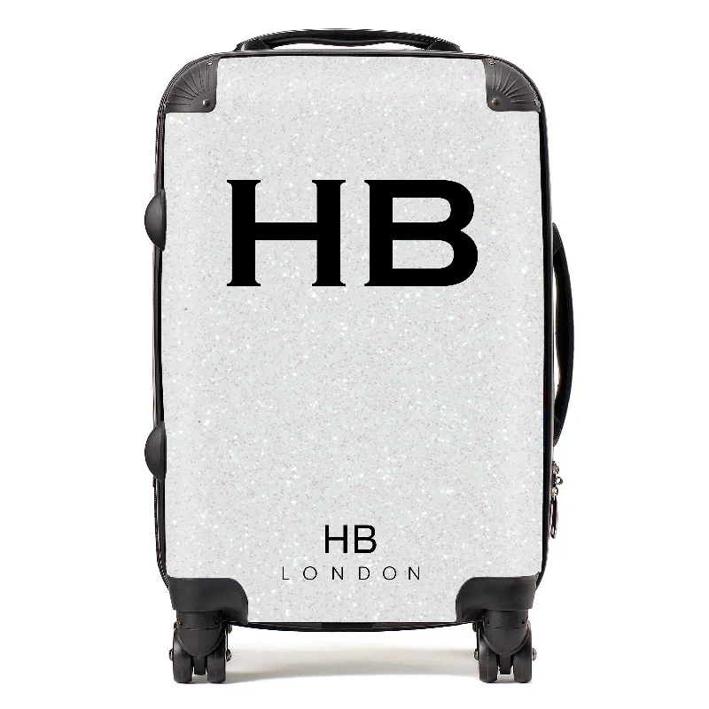 suitcase for rugged trips-Personalised White Glitter Effect Initial Suitcase