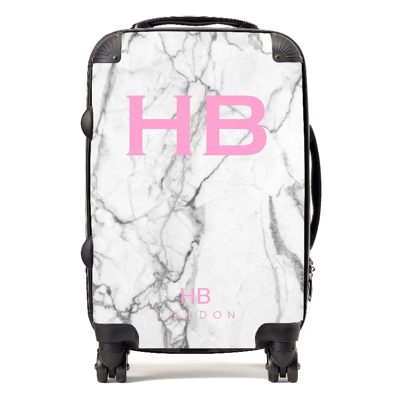 suitcase with hard shell-Personalised White Marble with Pink Font Initial Suitcase