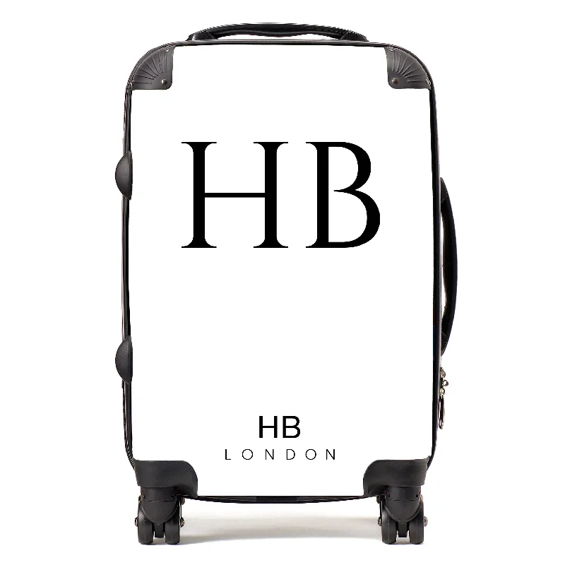 suitcase with spinner wheels-Personalised White with Black Classic Font Initial Suitcase