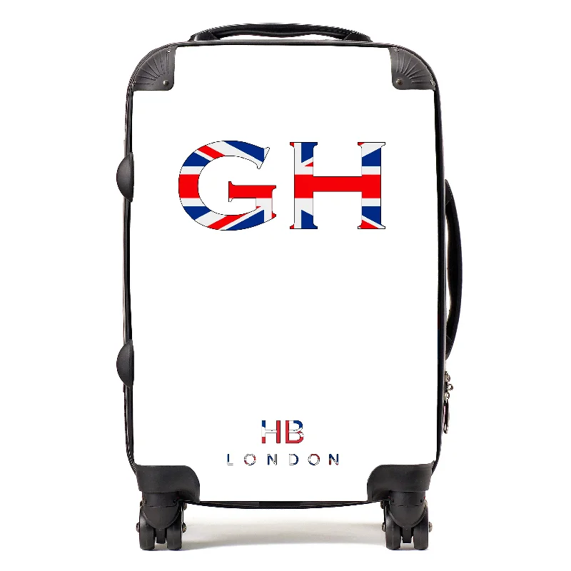 suitcase with sleek wheels-Personalised White with Union Jack Font Initial Suitcase